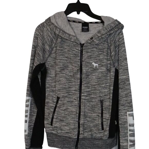 PINK Victoria's Secret Gray and Black Hooded Jacket, Medium - Picture 2 of 5